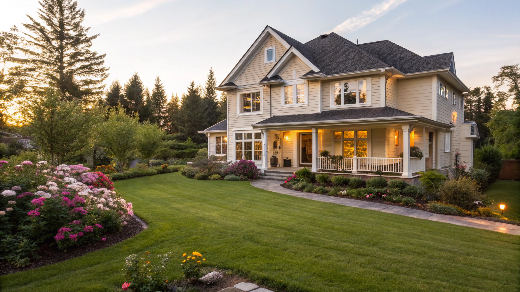 Modern Midwest brick home at sunset